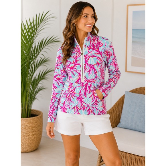 Lilly Pulitzer Tops - Lilly Pulitzer Skipper Popover Coral Bay Half Zip Sweatshirt Blue Pink Small